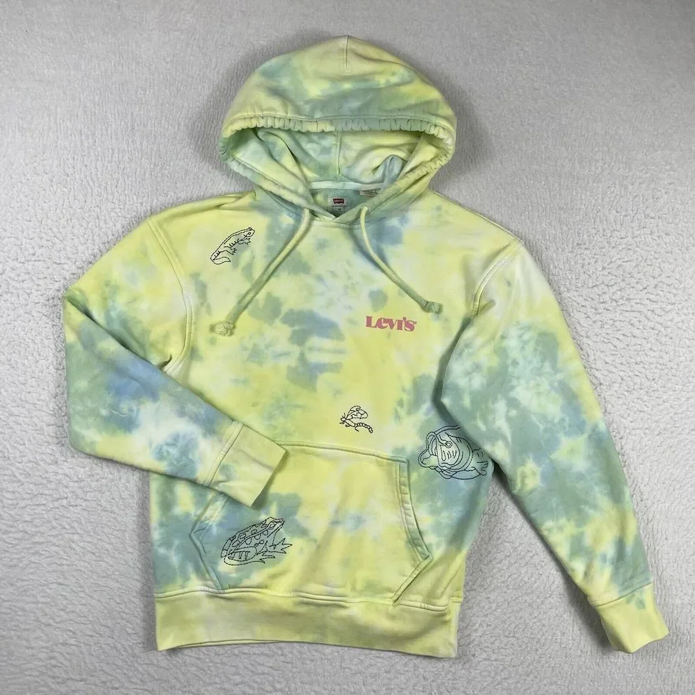 Levi's Hoodie Mens XS Yellow Blue‎ Tie Dye Frog Lizard Relaxed Pullover 38479